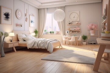 Clean Bedroom Interior with White Walls and Comfortable White Bedding with Wood Night Table with Table Lamp