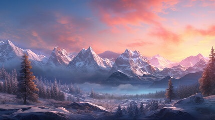 A beautiful view of a big snowy mountain range with a sunrise sky.