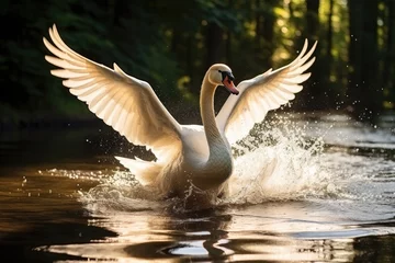 Poster Beautiful white swan flaps its wings, splashing water drops on river or lake. Graceful bird show wings. © DenisNata
