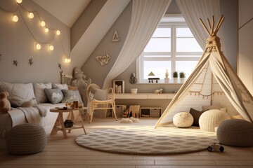 Fototapeta na wymiar Warm Boy's Bedroom Interior with Cozy Tent and Daybed Against Wall with String Lights. Desk Area with Decor Objects and On Windowsill
