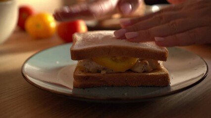 Making a sandwich. A woman is preparing a sandwich in her kitchen. Cook at home. Sandwich with chicken cutlet, yellow tomatoes, spices. Snack, quick food