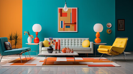 Colorful Mid-Century Revival: A vibrant room with mid-century modern furniture, bold colors, and vintage-inspired decor like lava lamps and geometric patterns