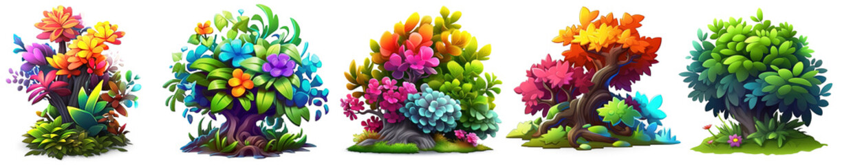 a group of colorful tropical trees, and colored bushes 3d cartoon clipart isolated on transparent background