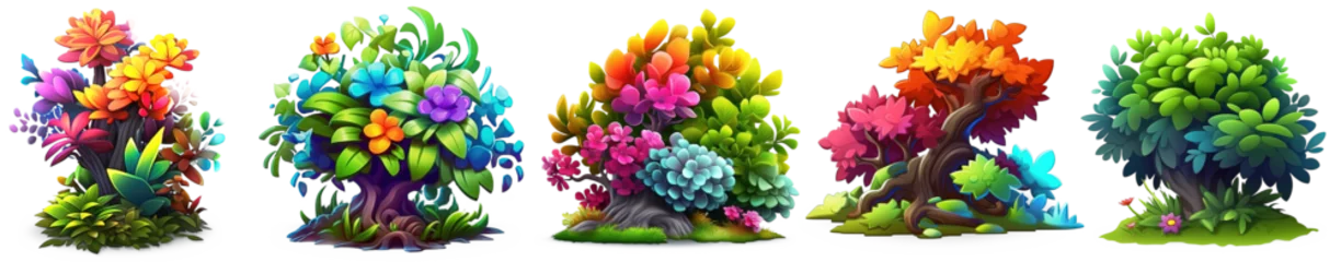 Papier Peint photo Chambre denfants a group of colorful tropical trees, and colored bushes 3d cartoon clipart isolated on transparent background