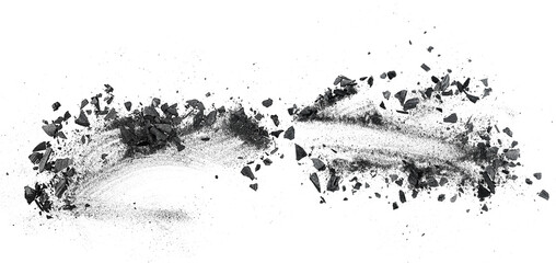 Black charcoal particles isolated on a white background, top view. Activated charcoal powder.