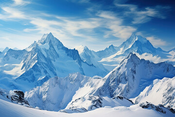Fototapeta na wymiar A beautiful view of a big snowy mountain range with a blue sky.