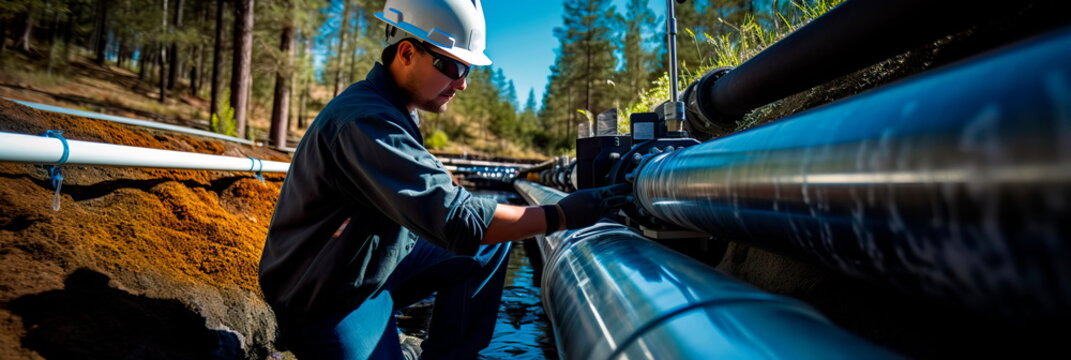 technician using specialized equipment to measure water flow through the pipeline. Generative AI