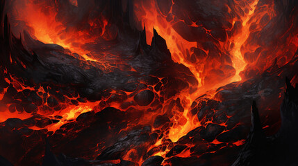 Molten Lava Flowing Through Rugged Terrain, Abstract, Background - obrazy, fototapety, plakaty