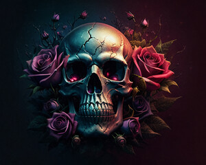 Skull in roses, dark background	Skull in roses, dark background. AI