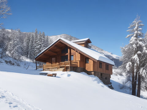 Wooden house in the snowy mountains, fantasy. AI.	
