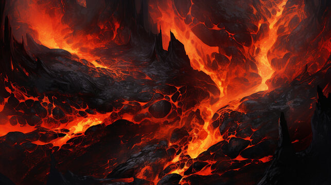 Molten Lava Flowing Through Rugged Terrain, Abstract, Background