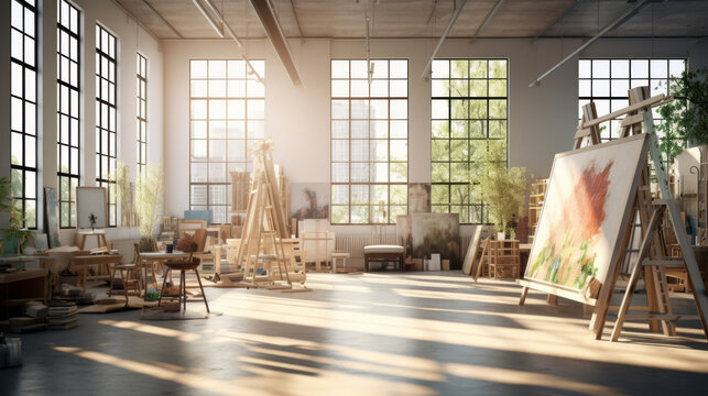 Contemporary Art Studio: A bright and airy space with large windows, designed for painting and creative endeavors. Easels, art supplies, and inspiring artwork are showcased 