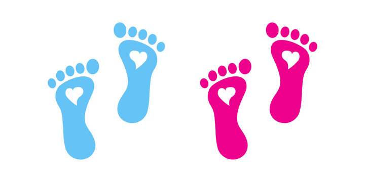 Footprint icon. Foot signs. Print step symbol. Human walk symbols. Barefoot baby icons. Black, pink, blue color. Vector sign.