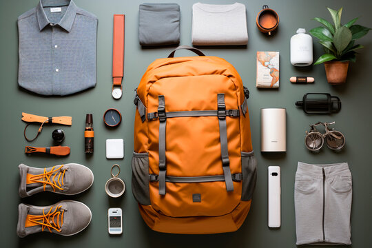 photo illustrating a traveler's minimalist packing style, with a small, well-organized bag containing only essential items for a journey