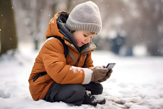 Little child in the snow playing with his phone 