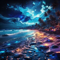 beautiful illuminated beach at night with attractive light and details 