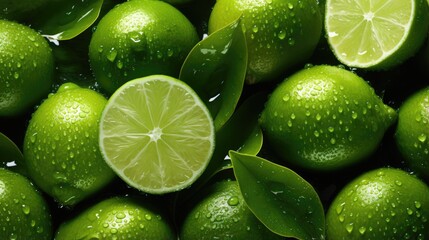 Close-up of fresh limes covered in water. Top view of healthy vegetables, food background - obrazy, fototapety, plakaty