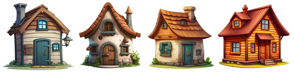 a group of illustrations of small houses, cartoon style house made of wood and stone