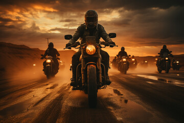 group of motorcycle riders riding together at sunset made with AI