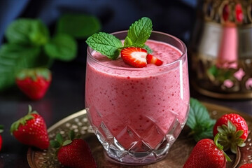 Appetizing homemade strawberry smoothie in glass, Generative AI