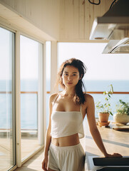 casual dressed up  asian woman in Southern california  beach house