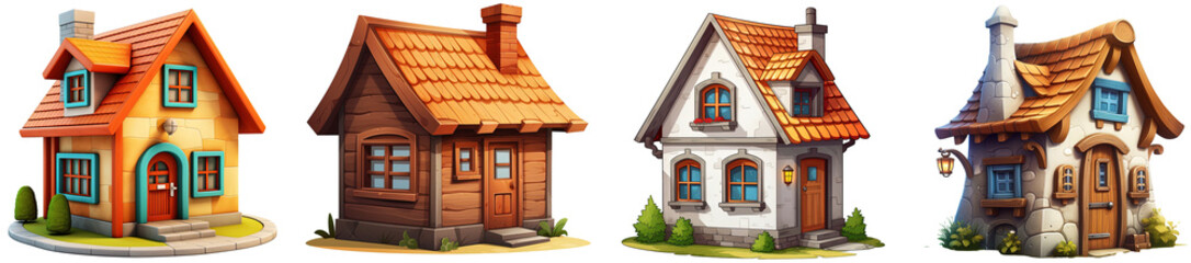 a group of illustrations of small houses, cartoon style house made of wood and stone