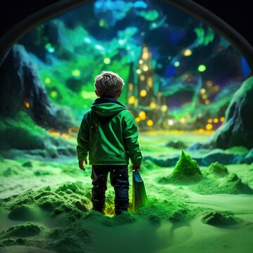 beautiful little boy wears a jaket in the green snow at night with attractive light and details 