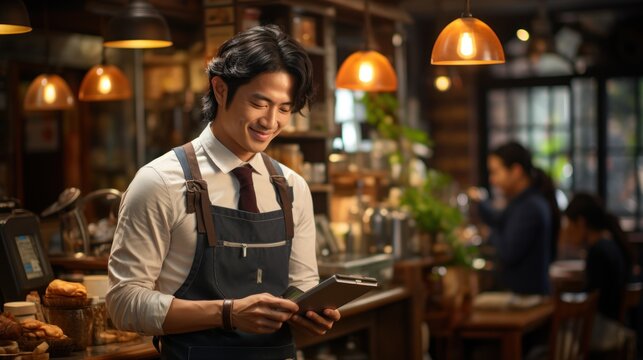 A friendly male Asian barista