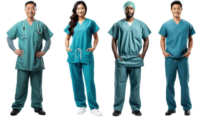 a group of multiethnic surgeon doctors dressed in blue operating room gowns standing in a pose, isolated on a transparent background