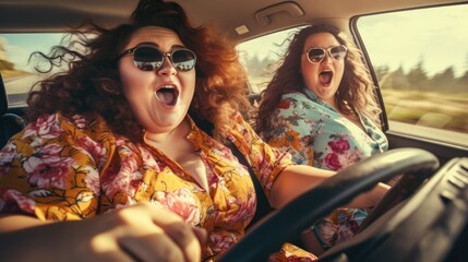Two plus size women driving a car. Two overweight friends went on a trip by car - obrazy, fototapety, plakaty