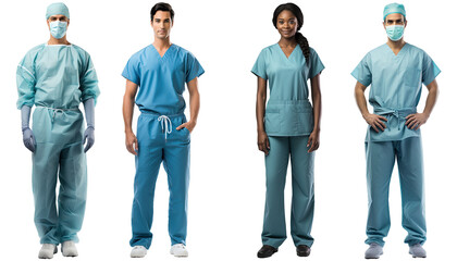 a group of multiethnic surgeon doctors dressed in blue operating room gowns standing in a pose, isolated on a transparent background