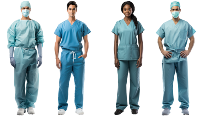 a group of multiethnic surgeon doctors dressed in blue operating room gowns standing in a pose, isolated on a transparent background