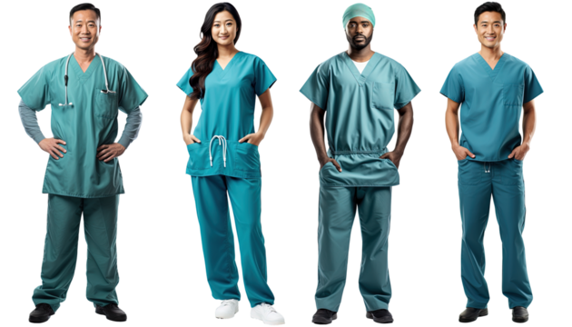 a group of multiethnic surgeon doctors dressed in blue operating room gowns standing in a pose, isolated on a transparent background
