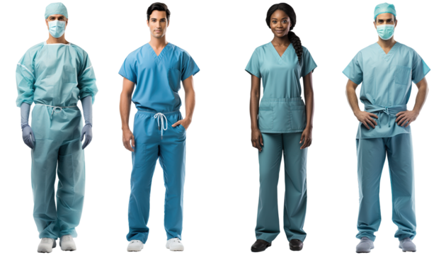 a group of multiethnic surgeon doctors dressed in blue operating room gowns standing in a pose, isolated on a transparent background