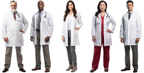 a group of multiethnic doctors dressed in white coats standing still posing, isolated on a transparent background