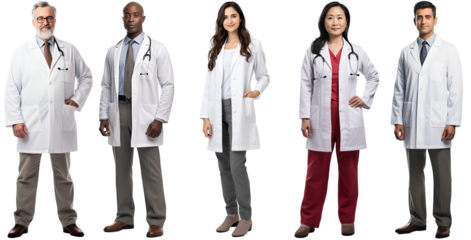 a group of multiethnic doctors dressed in white coats standing still posing, isolated on a transparent background