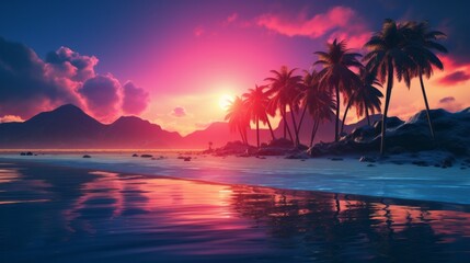 Fototapeta na wymiar A serene beach with palm trees at sunset