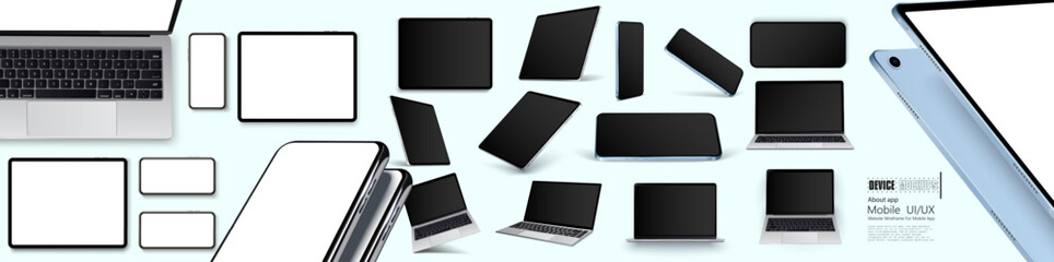 Technology devices with empty display, device screen mockup collection, big realistic set. Mockup at different angles. 3D realistic device in perspective style.  Laptop, tablet, smartphone mockup.