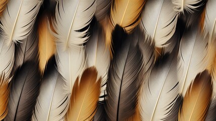 Close-up of white, black and golden bird feathers print background. Luxury backdrop for fashion, textile, print, banner