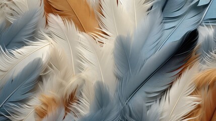 Fototapeta premium Close-up of white, black and golden bird feathers print background. Luxury backdrop for fashion, textile, print, banner