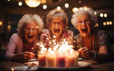 Happy senior women friends celebrating a birthday. Generative AI