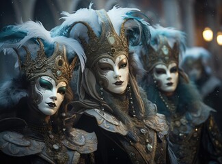 A group of people at a masquerade carnival in Venice