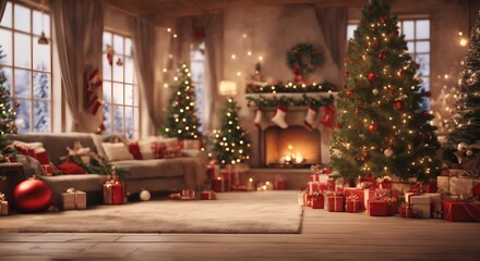 Christmas background of a beautifully decorated, cozy home living room in the Holiday season with a festive Christmas tree as the centerpiece, a fireplace with stockings and presents, Generative AI