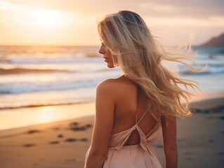 Fototapeta na wymiar Outdoor fashion portrait of beautiful sensual lady wearing stylish maxi chiffon dress posing at sunset in the beach, have long blonde hairs bright make up and accessorizes