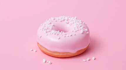 Bitten pink icing donut with marshmallows on pink background, AI Generated