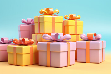 Obraz premium Joyful Gifts Galore: Multicolored Boxes Beautifully Arranged on a Lively Yellow Background, Representing Festivity and Delight