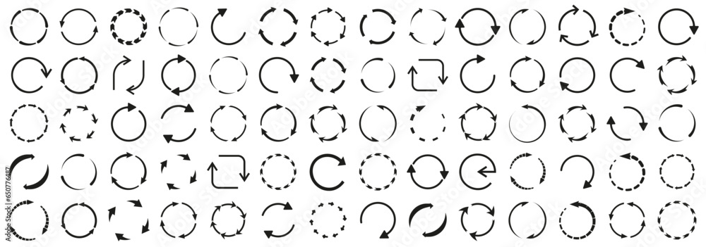 Poster Circular arrows in black. Set of reload, refresh, reset symbols. Circle arrow icons. Simple arrows icons