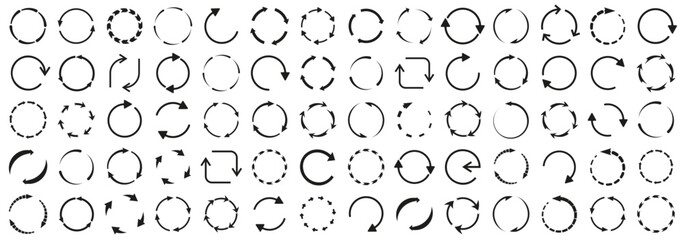Circular arrows in black. Set of reload, refresh, reset symbols. Circle arrow icons. Simple arrows icons