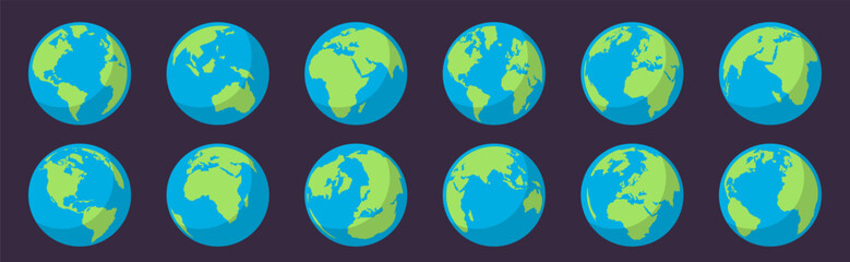 Planet Earth icons collection in a flat design. Planet earth or world globe with ocean in a flat design. Globe or planet Earth