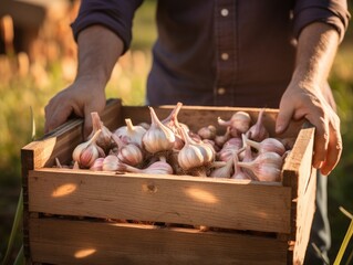 Freshly harvested Garlic in a wooden box held by a farmer, close-up shot